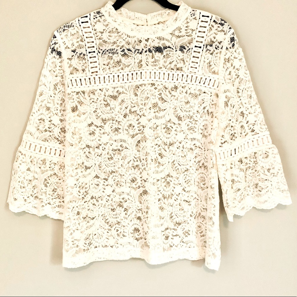 Loft Sheer Lace Bell Sleeve Mock Neck Blouse
